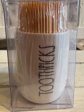 Rae Dunn White Toothpicks Holder with Natural Wood Toothpicks